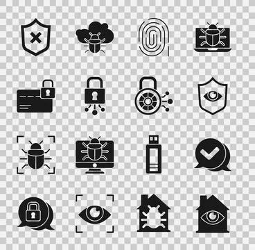 Set House with eye scan, Check mark in speech bubble, Shield and, Fingerpri.. Stockillustratie