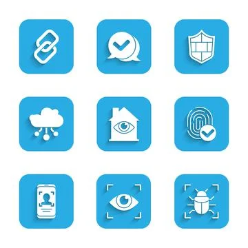 Set House with eye scan, Eye, System bug, Fingerprint, Mobile and face recogn Illustrazione stock