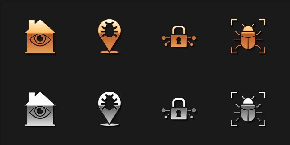 Set House with eye scan, System bug, Cyber security and icon. Vector Stock Illustration