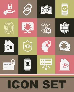 Set House with eye scan, System bug, Shield brick wall, on monitor, Fingerpri Illustrazione stock