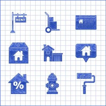 Set House, Fire hydrant, Paint roller brush, Map pointer with house, percant  스톡 일러스트