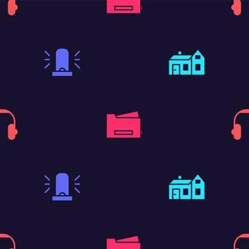 Set House, Flasher siren, Printer and Headphones on seamless pattern. Vector Stock Illustration