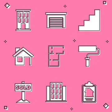 Set House, Garage, Staircase, plan, Paint roller brush, Hanging sign with t.. Ilustración de archivo