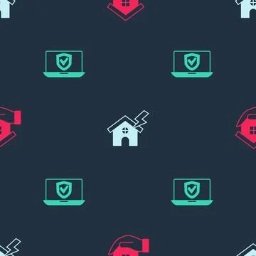 Set House in hand, lightning and Insurance online on seamless pattern. Vector Stock Illustration