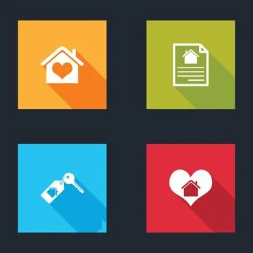 Set House with heart shape, contract, key and  icon. Vector Illustrazione stock