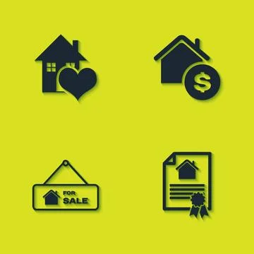 Set House with heart shape, contract, Hanging sign For Sale and dollar icon.  Stock Illustration