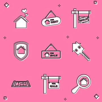 Set House with heart shape, Hanging sign For Rent, Sold, under protection, .. Stock Illustration