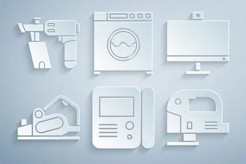 Set House intercom system, Computer monitor, Electric planer tool, jigsaw Illustrazione stock