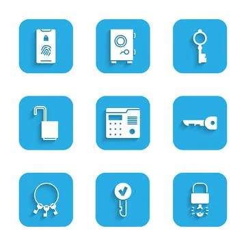 Set House intercom system, Key, broke inside of padlock, Bunch keys, Open, Old Illustrazione stock