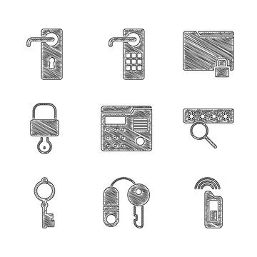 Set House intercom system, with key, Car remote, Password protection, Old, Lock Stock Illustration