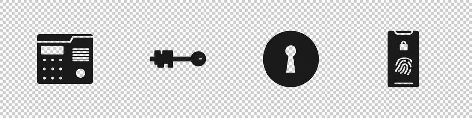 Set House intercom system, Old key, Keyhole and Mobile with fingerprint scan Stock Illustration