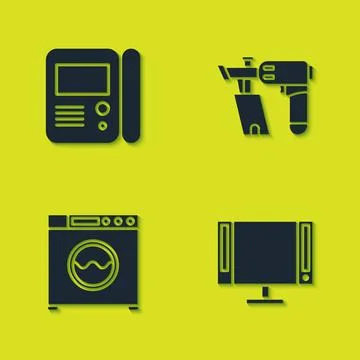 Set House intercom system, Smart Tv, Washer and Nail gun icon. Vector Illustrazione stock