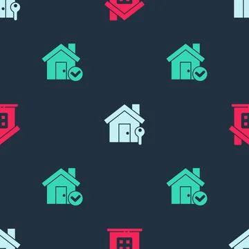 Set House, with key and check mark on seamless pattern. Vector Illustrazione stock