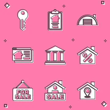 Set House key, contract, Warehouse, Online real estate, Museum building, with Ilustración de archivo