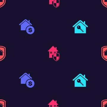Set House with key, dollar, under protection and on seamless pattern. Vector Illustrazione stock