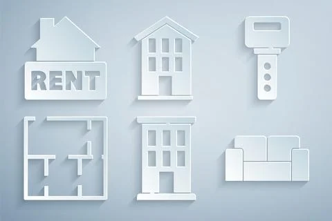 Set House, key, plan, Sofa, and Hanging sign with Rent icon. Vector Ilustración de archivo