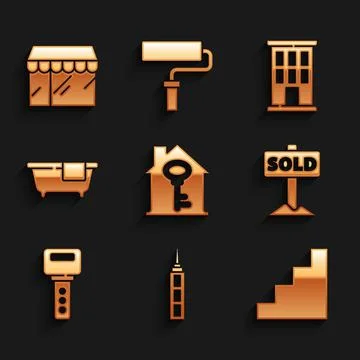 Set House with key, Skyscraper, Staircase, Hanging sign text Sold, Bathtub, and Ilustración de archivo