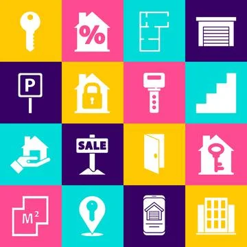 Set House, with key, Staircase, plan, under protection, Parking,  and  icon.. イラスト素材