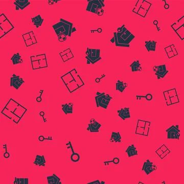 Set House key, under protection, plan and with on seamless pattern. Vector 스톡 일러스트