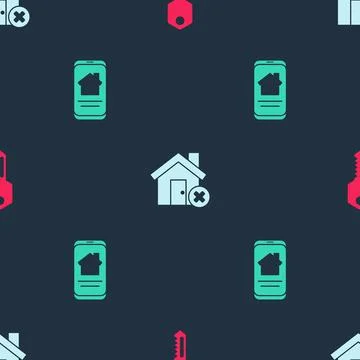 Set House key, with wrong mark and Online real estate house on seamless pattern Illustrazione stock