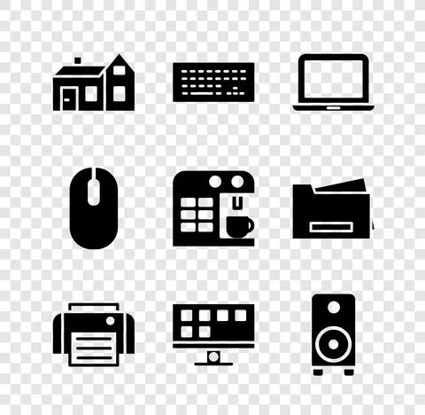 Set House, Keyboard, Laptop, Printer, Smart Tv, Stereo speaker, Computer mouse 库存插图
