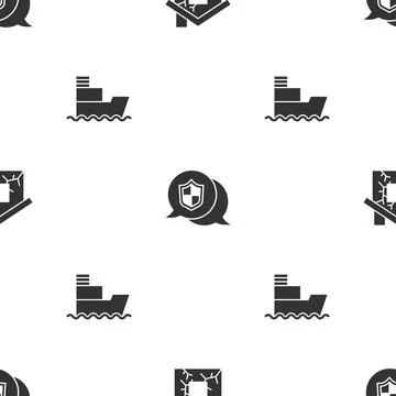 Set House, Location shield and Ship on seamless pattern. Vector Illustrazione stock
