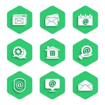 Set House, Mail and e-mail, Envelope, in hand, Shield with, Speech bubble chat Stock Illustration
