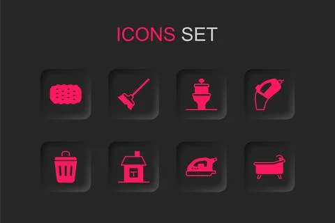 Set House, Mop, Sponge, Electric iron, Portable vacuum cleaner, Bathtub, To.. Ilustración de archivo