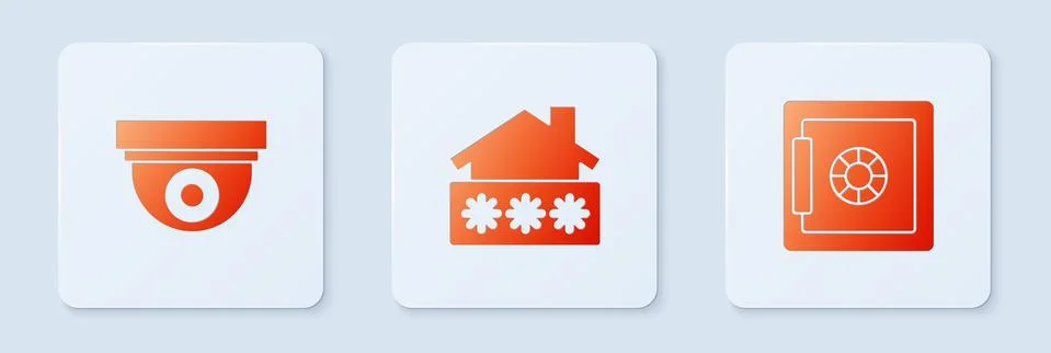 Set House with password, Security camera and Safe. White square button. Vector Illustrazione stock