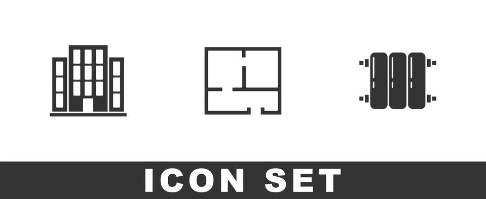 Set House, plan and Heating radiator icon. Vector Ilustración de archivo