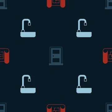 Set House plan, Closed door and Washbasin on seamless pattern. Vector Stock Illustration