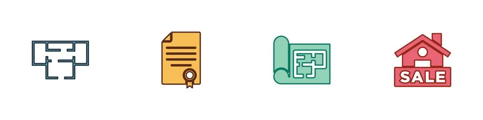 Set House plan, contract, and Hanging sign with Sale icon. Vector Ilustración de archivo