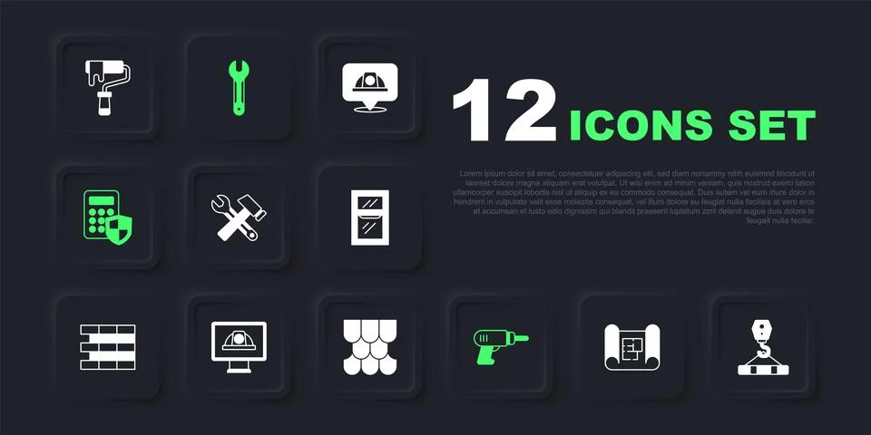 Set House plan, Crane hook, Hammer and wrench spanner, Electric drill machi.. Stock Illustration