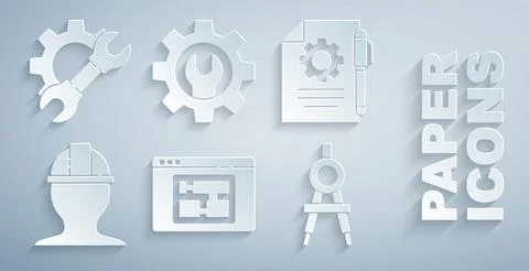 Set House plan, Document settings and pen, Worker safety helmet, Drawing compass Illustrazione stock