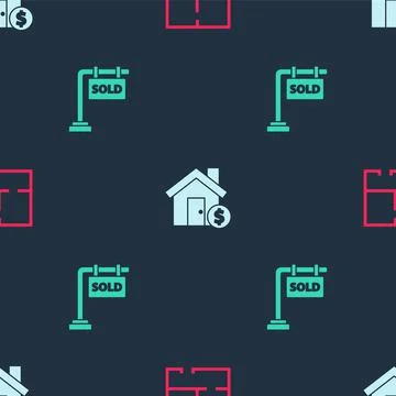 Set House plan, with dollar symbol and Hanging sign Sold on seamless pattern Stock Illustration