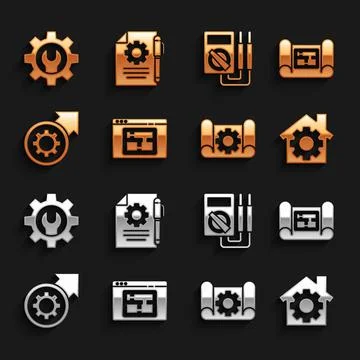 Set House plan, with gear, Graphing paper and, Gear arrows as workflow process Illustrazione stock