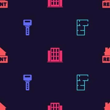 Set House plan, key,  and Hanging sign with Rent on seamless pattern. Vector Ilustración de archivo