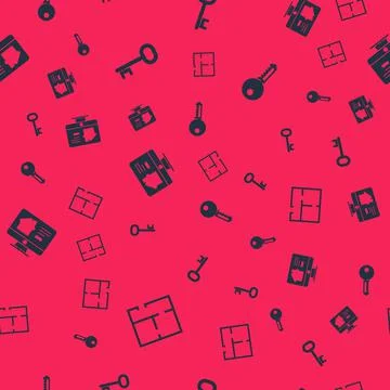 Set House plan, key, Online real estate house and on seamless pattern. Vector Stock Illustration