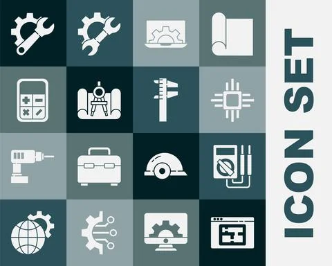 Set House plan, Multimeter, Processor with microcircuits CPU, Laptop and gear Stockillustratie