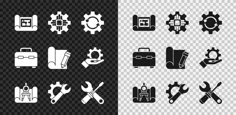 Set House plan, Processor, Gear and arrows as workflow, Graphing paper compass Stock Illustration