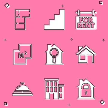 Set House plan, Staircase, Hanging sign with For Rent, Search house, Hotel .. Ilustración de archivo