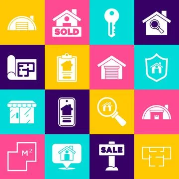 Set House plan, Warehouse, with shield, key, contract,  and Garage icon. Vect イラスト素材