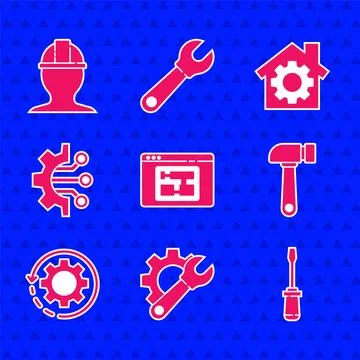Set House plan, Wrench spanner and gear, Screwdriver, Hammer, Gear arrows a.. Illustrazione stock
