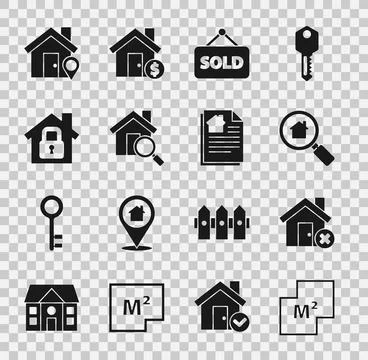 Set House plan, with wrong mark, Search house, Hanging sign text Sold, unde.. イラスト素材