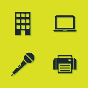 Set House, Printer, Microphone and Laptop icon. Vector 스톡 일러스트