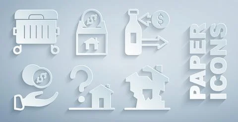 Set House with question mark, Reception of glass bottles, Donation hand mon.. Stock Illustration