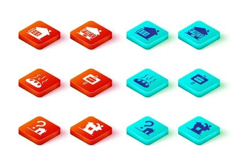 Set House with question mark, Ruined house, Donation food, Work search, She.. Stock Illustration