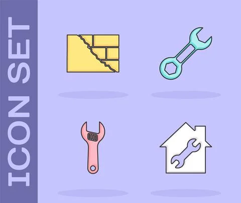 Set House repair, Bricks, Adjustable wrench and Wrench spanner icon. Vector Stock Illustration