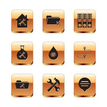 Set House service, Folder, Crossed hammer and wrench, Dirty water drop Ilustração Stock