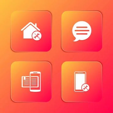 Set House service, Speech bubble chat, Smartphone and book and Mobile icon. V Stock Illustration